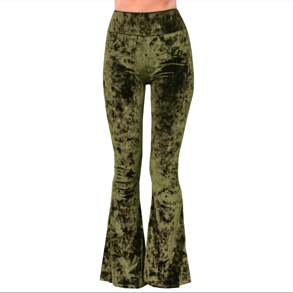 Olive Green Crushed Velvet Bell Bottom Flare Pants